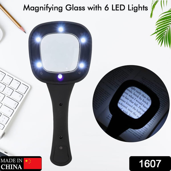 1607 Handheld Magnifying Glass 6 LED Illuminated Lighted Magnifier for Seniors Reading, Soldering, Inspection, Coins, Jewelry, Exploring